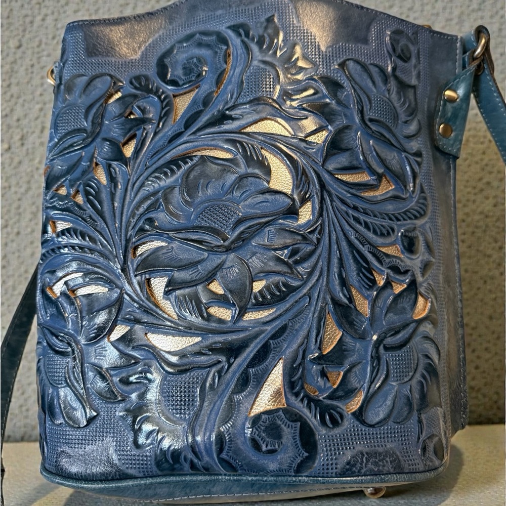 Patricia Nash Blue Floral Embossed Crossbody Bag
